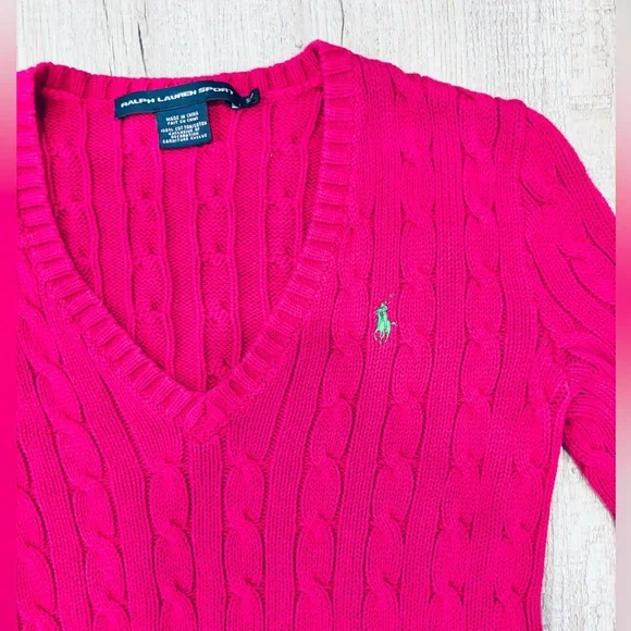 Ralph Lauren Sport Vintage Pink V-Neck Cable Knit Sweater Small - Picture 3 of 5